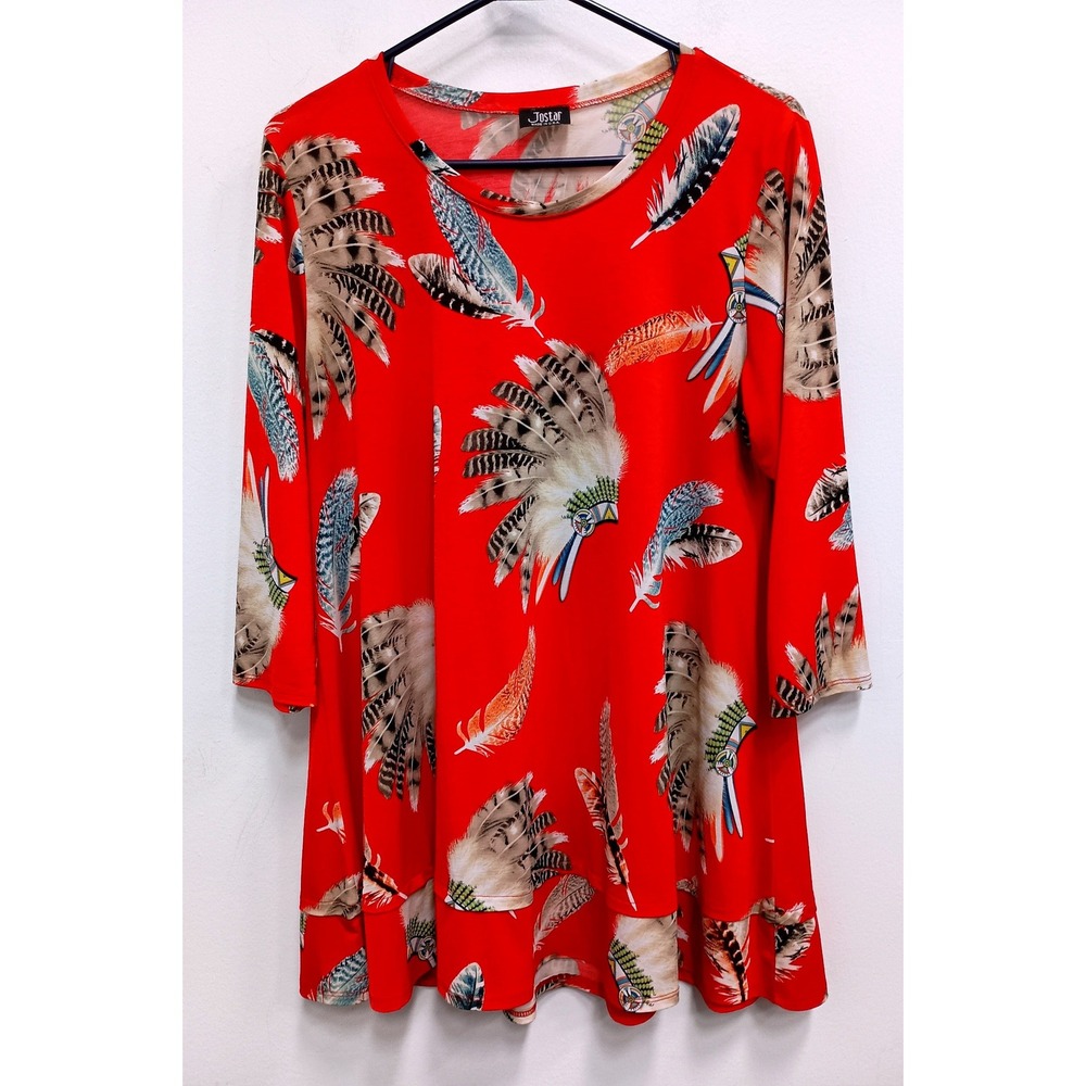 Jostar Wearable Art Tunic Top Women Large Red Feather Boho Western 3/4 Sleeve